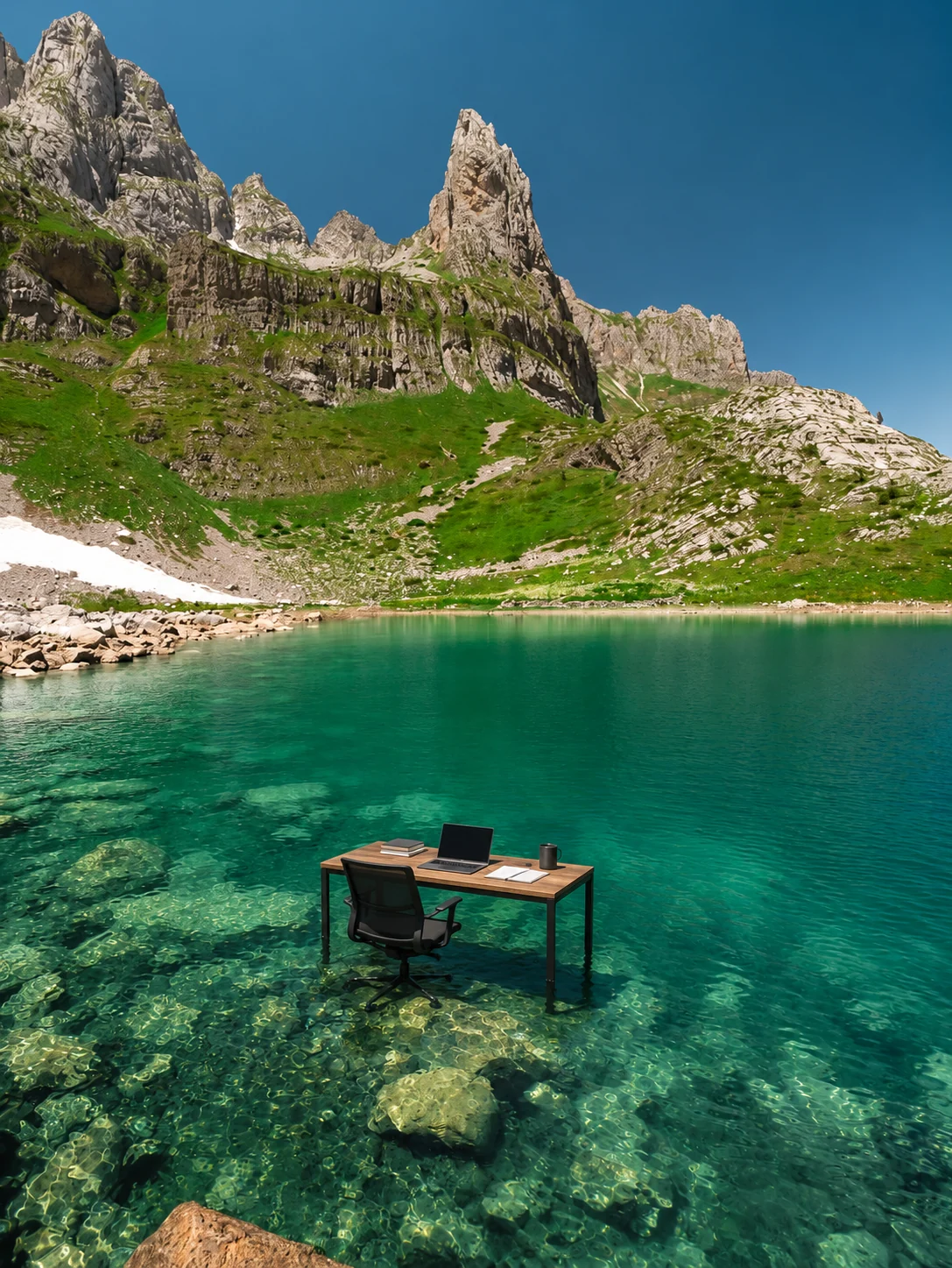 A desk and laptop beside an Albanian alpine lake