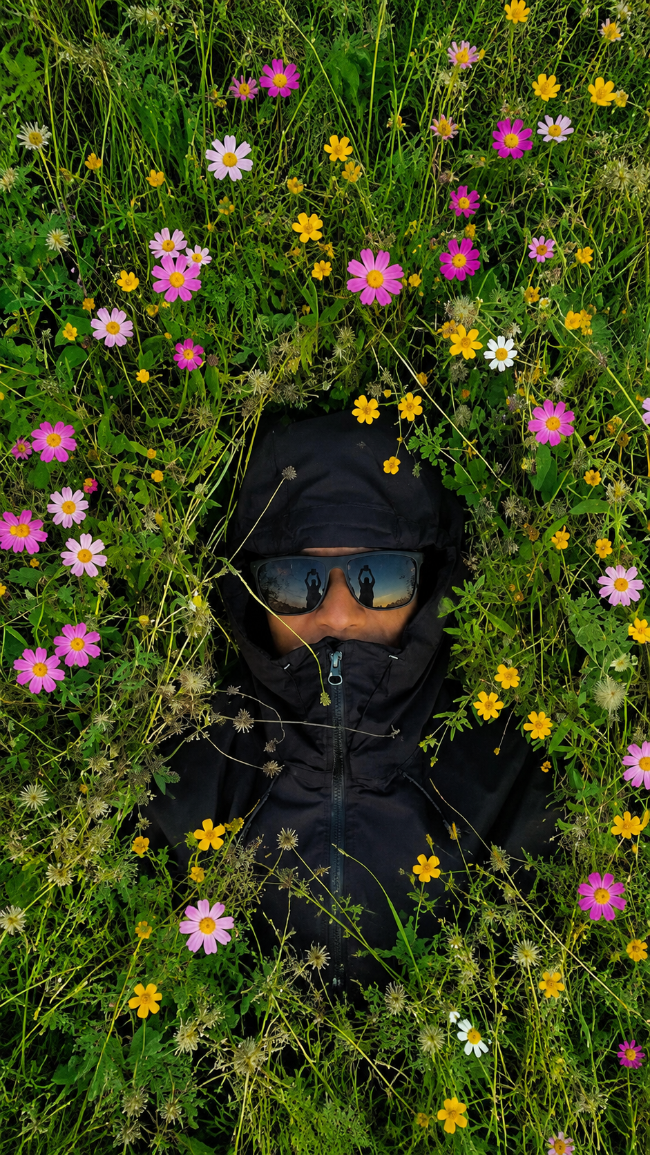 Wildflowers growing around a traveler resting among the blooms