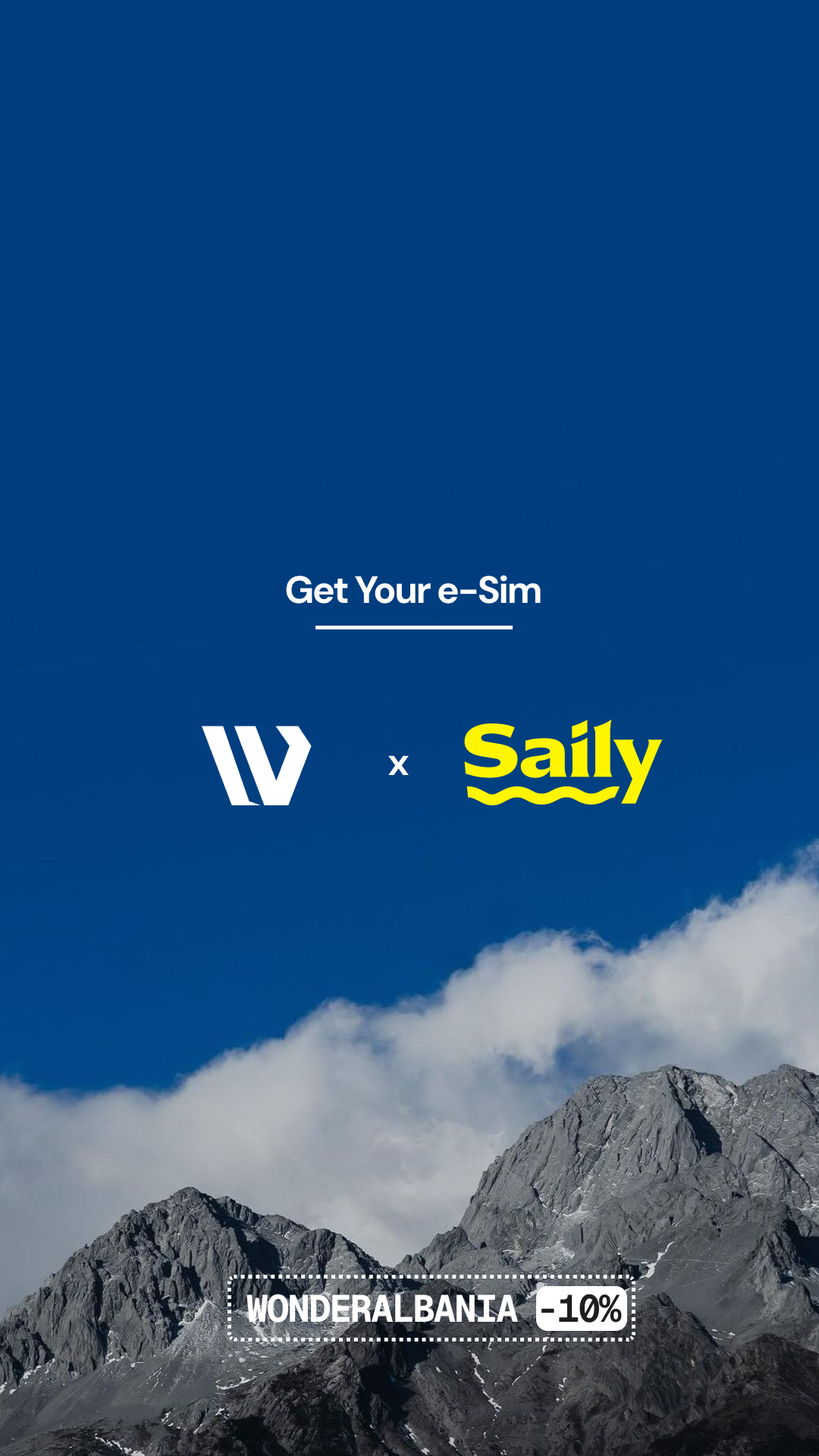 Wonder Albania and Saily eSIM partnership artwork with a mountain backdrop